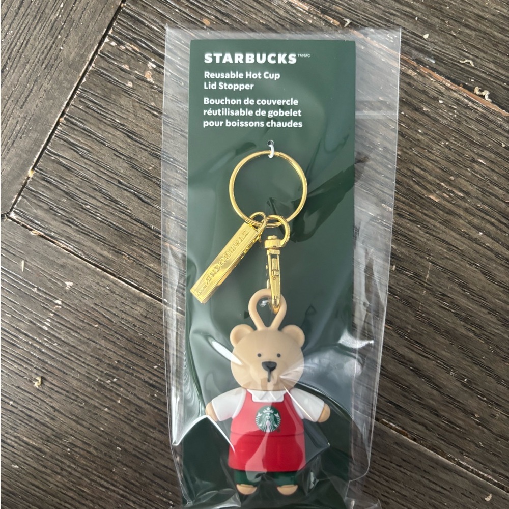 Starbucks Bear Gold Keychain with Red Apron